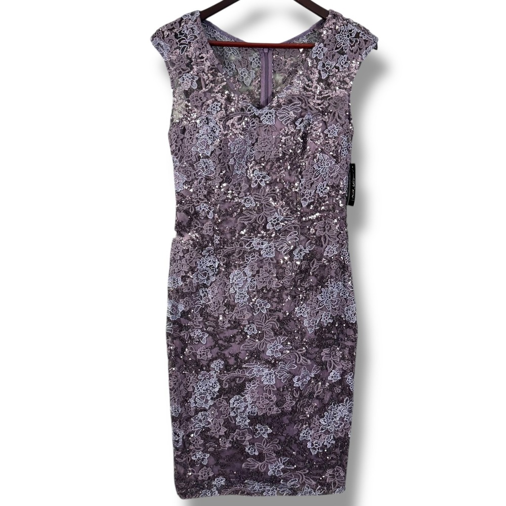 Alex Evenings Icy Orchid Purple Sheath Dress Sequin Lace Floral Size 6